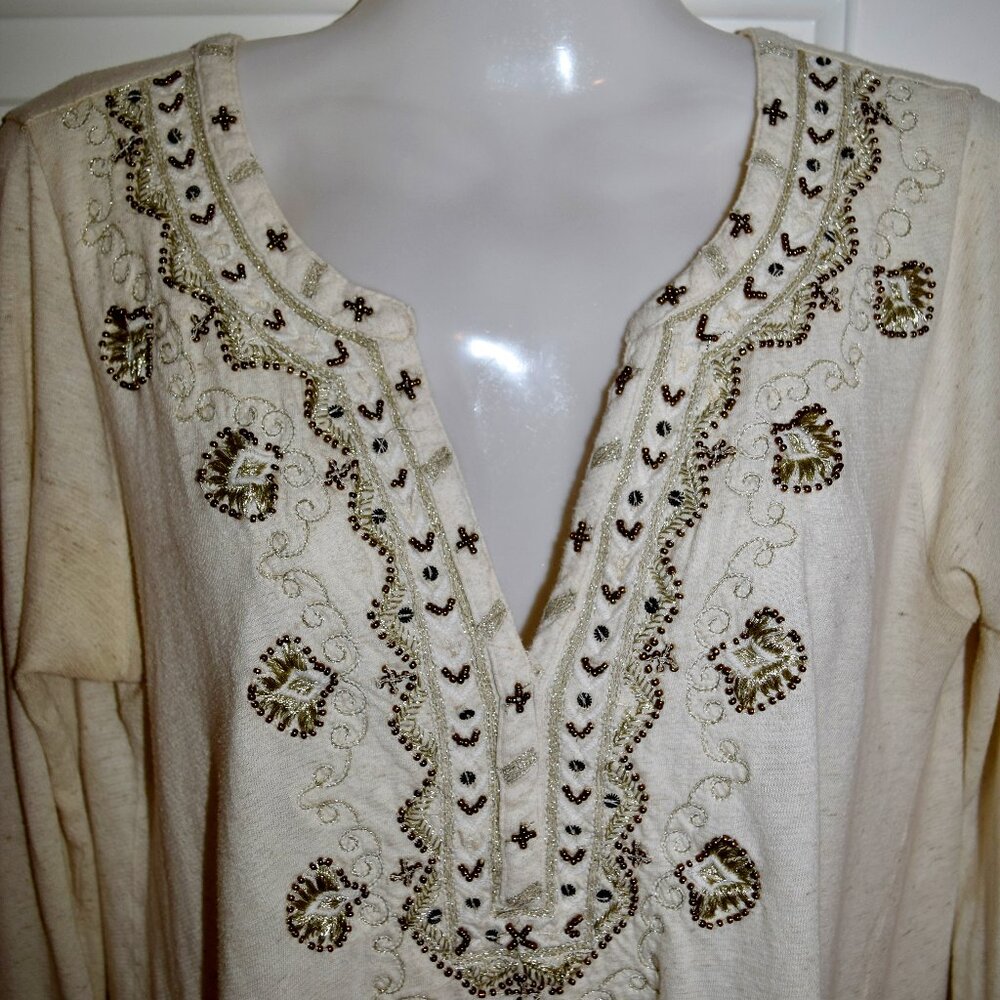 Lucky Brand Embellished V Neck Top Ivory with Embroidery and Beading S